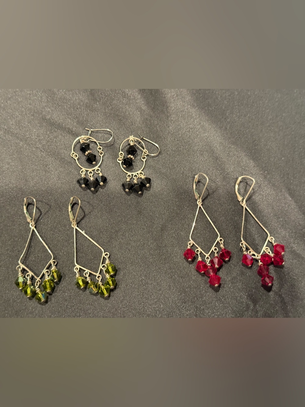 Set of 3 Artist-Made Sterling Silver Earrings -Red,Black&Green Crystal Geometric